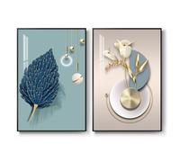 lianyibo Ensemble de 2 toiles murales modernes, motif floral et feuilles bleues neutres, grandes impressions d'art moderne pour la décoration du salon ou du bureau (70 x 90 cm x 2 / sans cadre)
