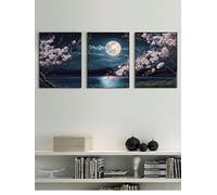 lianyibo Ensemble de 3 affiches murales sur toile représentant la lune, des fleurs et la surface de l'eau, pour la décoration de la chambre, du salon ou du bureau (50 x 75 cm x 3 / sans cadre)