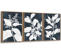 lianyibo Ensemble de 3 grands tableaux botaniques muraux, toiles blanches, œuvres d'art minimalistes, impressions sur toile indigo pour la décoration intérieure (80 x 120 cm x 3 / cadre intérieur)