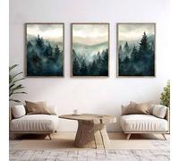 lianyibo Ensemble de 3 tableaux aquarelles sur toile représentant une forêt de montagne vert sauge décoration du salon (50 x 70 cm x 3 / sans cadre)