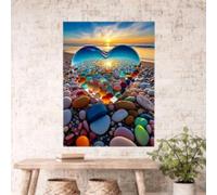lianyibo Impression sur toile colorée représentant un cœur et des galets, coucher de soleil sur la plage - Décoration murale vibrante pour salon, chambre, bureau, 60 x 80 cm, sans cadre