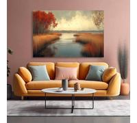 lianyibo Impression sur toile représentant une rivière et des marais d'automne, paysage naturel paisible, roseaux dorés, arbres rouges, oiseaux volants, décoration panoramique, 30 x 40 cm, sans cadre