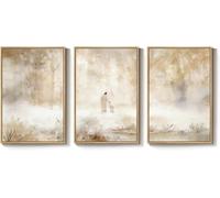 lianyibo Large Christian Wall Art, Jesus Leaves the 99 Sheep Canvas Prints, Neutral Gold Forest Misty Landscape for Living Room (50x70cmx3/Inner frame)