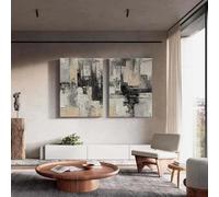 lianyibo Lot de 2 peintures abstraites noires et beiges, grandes toiles texturées noires, art mural contemporain, décoration minimaliste sur toile, cadre 40 x 60 cm x 2
