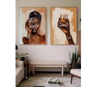 lianyibo Lot de 2 toiles décoratives représentant une femme africaine, style abstrait afro-américain, avec vin et whisky (50 x 70 cm x 2 / cadre intérieur).