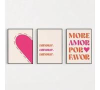 lianyibo Lot de 3 affiches avec citations d'amour - More Amor Por Favor Amour - Décoration murale moderne rose et orange - Décoration pour salon et chambre (60 x 90 cm x 3 / cadre intérieur)