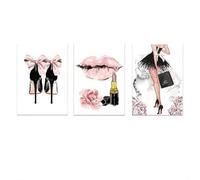 lianyibo Lot de 3 affiches élégantes avec talons hauts et rouge à lèvres motif aquarelle nœud rose pour salon chambre à coucher décoration cadre 30 x 40 cm x 3