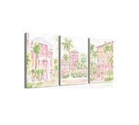 lianyibo Lot de 3 impressions d'art mural aquarelle rose pastel et bleu Charleston Caroline du Sud, décoration preppy girly pour chambre ou salon (70x100cmx3/cadre intérieur)