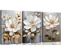 lianyibo Lot de 3 tableaux sur toile avec fleurs blanches et feuilles d'or, style moderne, pour la décoration du salon et de la salle de bain (30 x 40 cm x 3 / cadre intérieur)