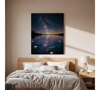 lianyibo Milky Way Night Lake Toile murale, Starry Sky Water Lily Imprimé, Dreamy Nature Paysage Décoration Pour Chambre à coucher Office (50x70cm/Cadre intérieur)