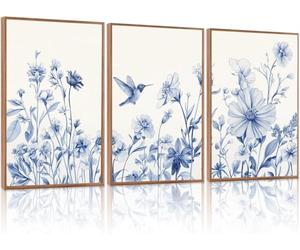 lianyibo Tableau avec oiseau et fleurs bleues, grande toile, affiche de fleurs sauvages bleues et blanches, impression d'art floral botanique pour salon et chambre (30 x 40 cm x 3 / sans cadre)