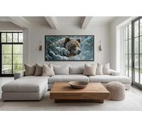 lianyibo Tableau représentant un ours grizzly dans une forêt hivernale - Impression sur toile d'un paysage de pins enneigés, œuvre d'art animalière aux tons neutres (90 x 180 cm/cadre intérieur)