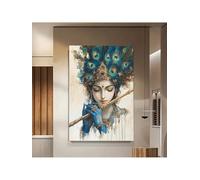 lianyibo Tableau spirituel sur toile, impression d'un dieu hindou, peinture d'une divinité jouant de la flûte, œuvre d'art spirituelle abstraite moderne(70 x 110 cm/sans cadre)