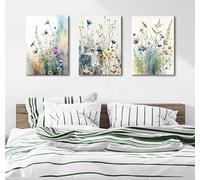 lianyibo Tableau sur toile aux fleurs colorées, aquarelle de marguerites, décoration murale florale, impression de peinture de plante sauvage pour salon (20x30cmx3/sans cadre)