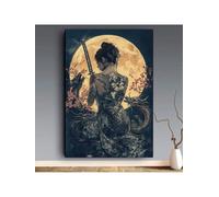 lianyibo Tableau sur toile « Femme samouraï avec des dragons » affiche imprimée représentant une scène de nuit au clair de lune décoration pour salon maison (50 x 75 cm/sans cadre)