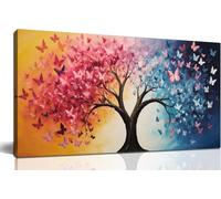 lianyibo Tableau sur toile représentant un arbre avec des papillons roses, dorés et bleus, une image naturelle imprimée pour la décoration murale du salon, de la chambre (40 x 80 cm/sans cadre)