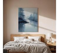 lianyibo Tableau sur toile représentant un paysage de lac brumeux décoration minimaliste sur toile évoquant la nature brumeuse œuvre d'art représentant un lac forestier bleu (40 x 60 cm/sans cadre)