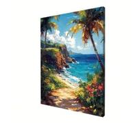 lianyibo Tableau sur toile représentant un paysage de plage tropicale une scène de Porto Rico avec des palmiers et des vagues océaniques (40 x 60 cm/cadre intérieur)