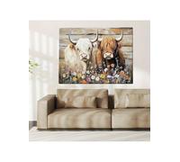 lianyibo Tableau sur toile représentant une vache des Highlands, imprimé rustique avec des animaux de la ferme et une charmante scène de fleurs sauvages (70 x 110 cm, sans cadre)