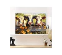 lianyibo toile murale représentant trois charmantes vaches regardant par-dessus une clôture en bois, peinture d'animaux de ferme pour la décoration du salon (30 x 40 cm/cadre intérieur)