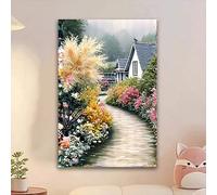 lianyibo Toile murale représentant un chemin de jardin, imprimé paysage floral, décoration chaleureuse de chalet et de paysage brumeux, œuvre d'art nature paisible (70 x 110 cm, sans cadre)