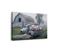 lianyibo toile murale représentant un paysage de champ brumeux avec une grange et un vieux camion chargé de fleurs (70 x 100 cm/cadre intérieur) - Décoration pour salon