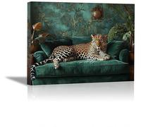 lianyibo Vintage Leopard Canvas Wall Art, Cool Posters Prints Emerald Green Sofa Cheetah Pictures for Living Room Office Decor(60x90/Inner frame)