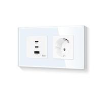 LIAONFOY 65 W Super Charge avec prise Super Fast Charging Trois ports USB C Combinaison 2 prises Prise murale Cadre en verre Double Blanc 157 mm 100-240 V (ligne neutre nécessaire)