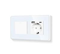 LIAONFOY Interrupteur Schuko rond 1 voie avec prise murale de 20 W de type C et USB combiné, cadre en verre, encastré, blanc, 110-250 V, 157 mm, bords incurvés (neutre nécessaire)