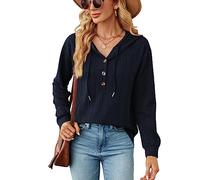 LIAOPUFUS Femme Pullover Tricoté Mince avec Capuche et Boutons sur Col Motif de Filetage Style Décontracté Taille Grande pour Automne Hiver 2023 (Bleu foncé, 2XL)