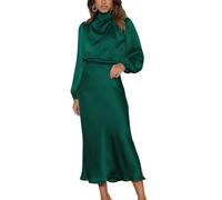 LIAOPUFUS Robe Longue Plissée en Satin Elégant à Manches Longues Nouveau Modèle Automne Robe Cocktail de Tempérament Décontracté Haute Sensation pour Femme et Fille (Vert foncé, L)