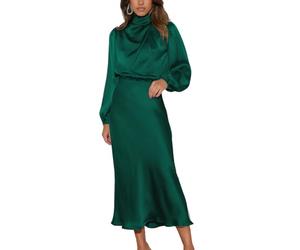 LIAOPUFUS Robe Longue Plissée en Satin Elégant à Manches Longues Nouveau Modèle Automne Robe Cocktail de Tempérament Décontracté Haute Sensation pour Femme et Fille (Vert foncé, L)