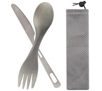 LIBAIDZ Lot de 2 Couverts de Camping,1 Pcs Titanium Camping Cuillère-Fourchette + 1 Pcs Couteau en Titane,avec Pochette Ustensiles Portables,pour Pique-Nique,Extérieur,Randonnée