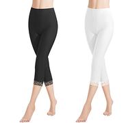 Libella 2er Pack Femme Leggings Pantalon 3/4 avec Dentelle en Coton Pantalon Capri avec Taille Haute Slim Pantalon Fitness Blanc Noir L 4166