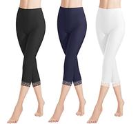 Libella 3er Pack Femme Leggings Pantalon 3/4 avec Dentelle en Coton Pantalon Capri avec Taille Haute Slim Pantalon Fitness Noir Blanc Bleu foncé XL 4166