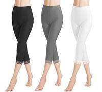 Libella 3er Pack Femme Leggings Pantalon 3/4 avec Dentelle en Coton Pantalon Capri avec Taille Haute Slim Pantalon Fitness Noir Blanc Gris L 4166