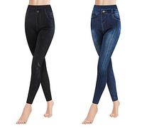 Libella Lot de 2 Leggings Femme Look Jeans Leggings Taille Haute avec Ceinture Mode Shaping Leggins Extensible Treggings Gainant Pantalon Streetwear 4162 C+F L/XL