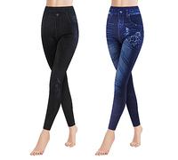 Libella Lot de 2 Leggings Femme Look Jeans Leggings Taille Haute avec Ceinture Mode Shaping Leggins Extensible Treggings Gainant Pantalon Streetwear 4162 F+G L/XL