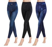 Libella Lot de 3 Leggings Femme Aspect Jeans Leggings Taille Haute avec Ceinture Mode Shaping Leggins Extensible Forme Treggings Streetwear Pantalon 4162 C+F+G S/M