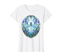 Libellule Iris Fleur Art Nouveau Élégant Bleu et Violet T-Shirt Graphique avec Valeur, Femme, Blanc, L