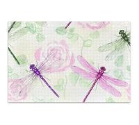 Libellules Roses Rose Pâle Casse-tête Blanc 500 pièces Puzzle Adulte Jouet Œuvre d'art Fun Prime Puzzle Famille Éléphant Blanc Cadeaux 52,8 x 37,9 cm