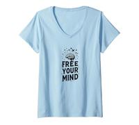 Libérez Votre Esprit Cerveau Oiseaux Inspirants T-Shirt avec Col en V, Femme, Bleu Céleste, XXL