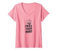 Libérez Votre Esprit Cerveau Oiseaux Inspirants T-Shirt avec Col en V, Femme, Rose, L