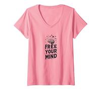 Libérez Votre Esprit Cerveau Oiseaux Inspirants T-Shirt avec Col en V, Femme, Rose, XXL