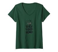 Libérez Votre Esprit Cerveau Oiseaux Inspirants T-Shirt avec Col en V, Femme, Vert Forêt, S