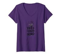Libérez Votre Esprit Cerveau Oiseaux Inspirants T-Shirt avec Col en V, Femme, Violet, L