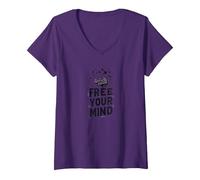Libérez Votre Esprit Cerveau Oiseaux Inspirants T-Shirt avec Col en V, Femme, Violet, M
