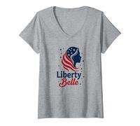 Liberty Belle Étoiles patriotiques pour Filles Rouge Blanc Bleu T-Shirt avec Col en V, Femme, Gris Chiné, L