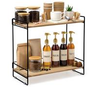 LIBKEN Étagère à café en bois - Organiseur de comptoir à café à 2 niveaux avec rails arrière amovibles - Étagère de rangement minimaliste au design scandinave pour cuisine, bureau, station de café