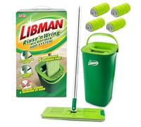 Libman Rinse 'n Wring Mop and Bucket System | Serpillère en Microfibre | Nettoyant pour sols en Bois Dur | Balai Humide et Sec | Chambres à Eau Propre et Sale | Lames électriques | 5 tampons en